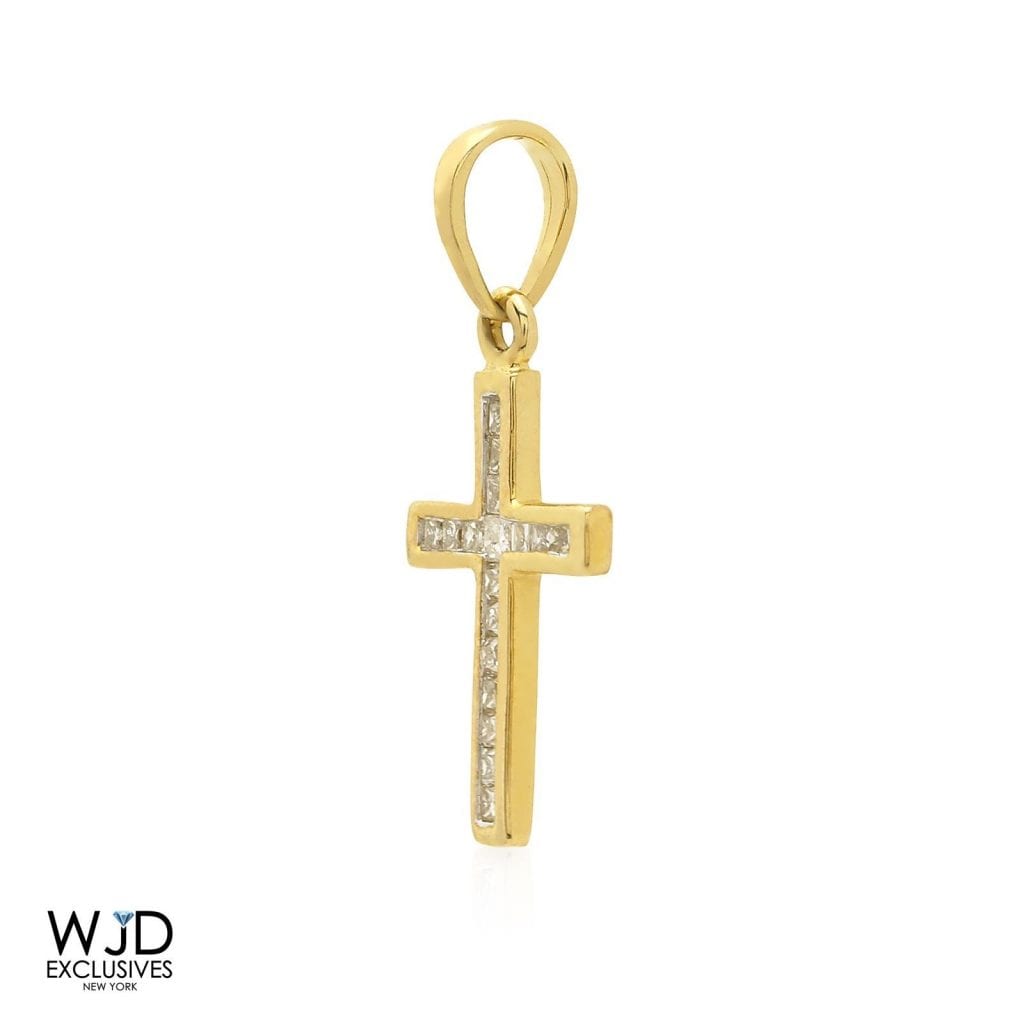 0.30CT Channel Set Real Diamond 10k Yellow Gold Princess Cut Cross Pendant