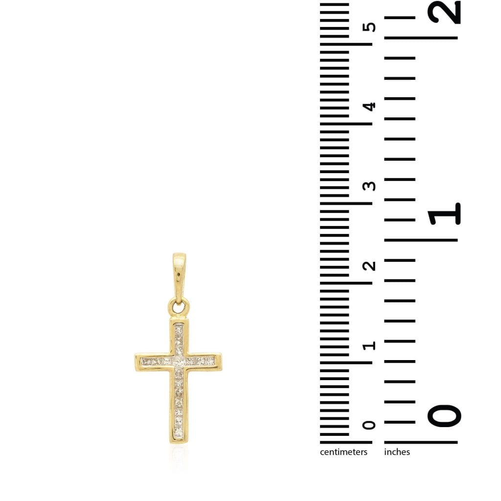 0.30CT Channel Set Real Diamond 10k Yellow Gold Princess Cut Cross Pendant
