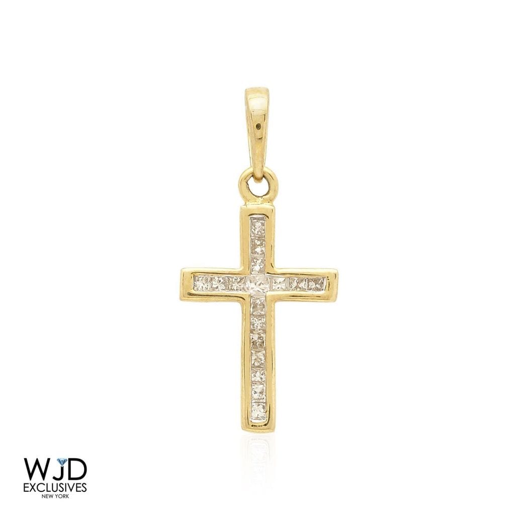 0.30CT Channel Set Real Diamond 10k Yellow Gold Princess Cut Cross Pendant
