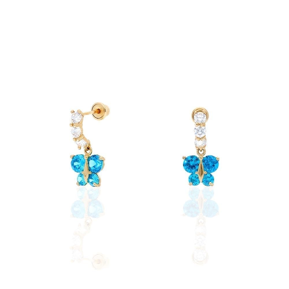 14K Yellow Gold CZ Birthstone Butterfly Earrings 15mm