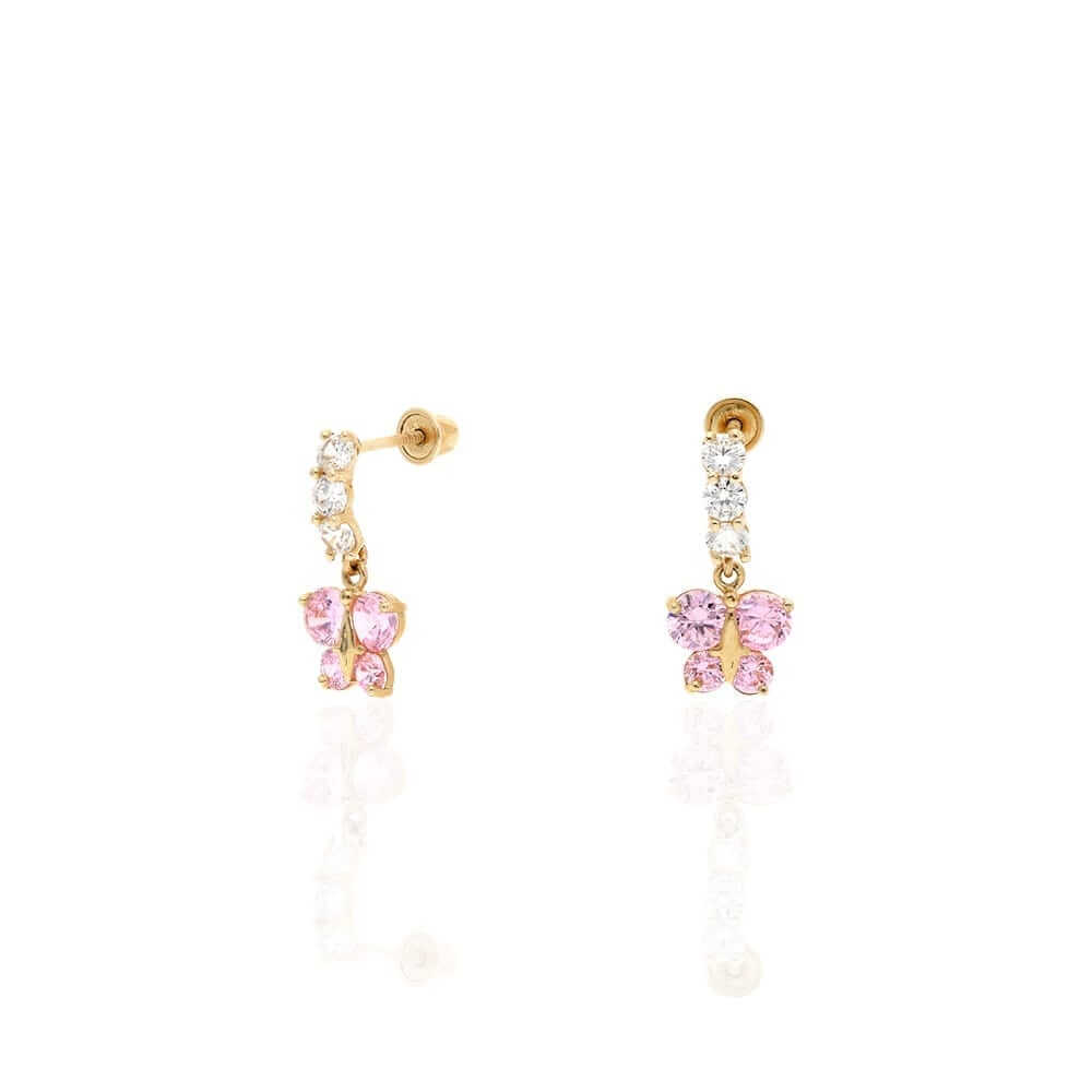 14K Yellow Gold CZ Birthstone Butterfly Earrings 15mm