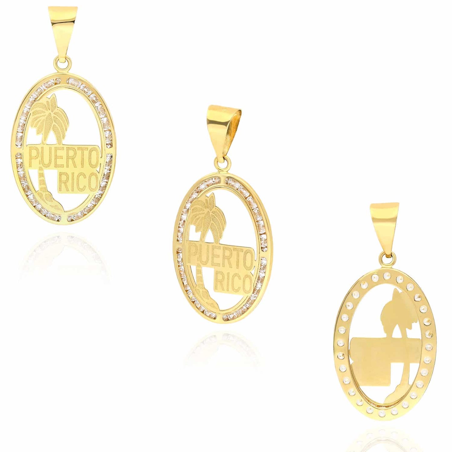 10K Real Gold CZ Puerto Rico Palm Tree Oval Shape Disc Pendant