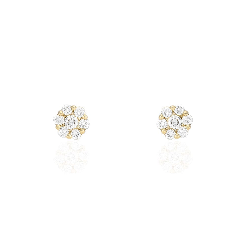 14K Yellow Gold 0.66Ct Real Diamond Flower Shaped Halo Cluster Stud Earrings