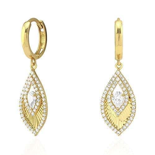 CZ 14k Yellow & White Gold Feather Huggie Hoop Earrings