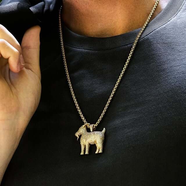 14K Yellow Gold CZ Pave Greatest of All Time Goat Pendant 1.6"