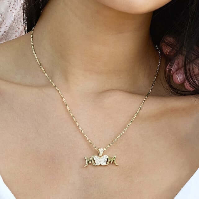 14K Yellow Gold CZ Butterfly MOM Pendant 0.6"