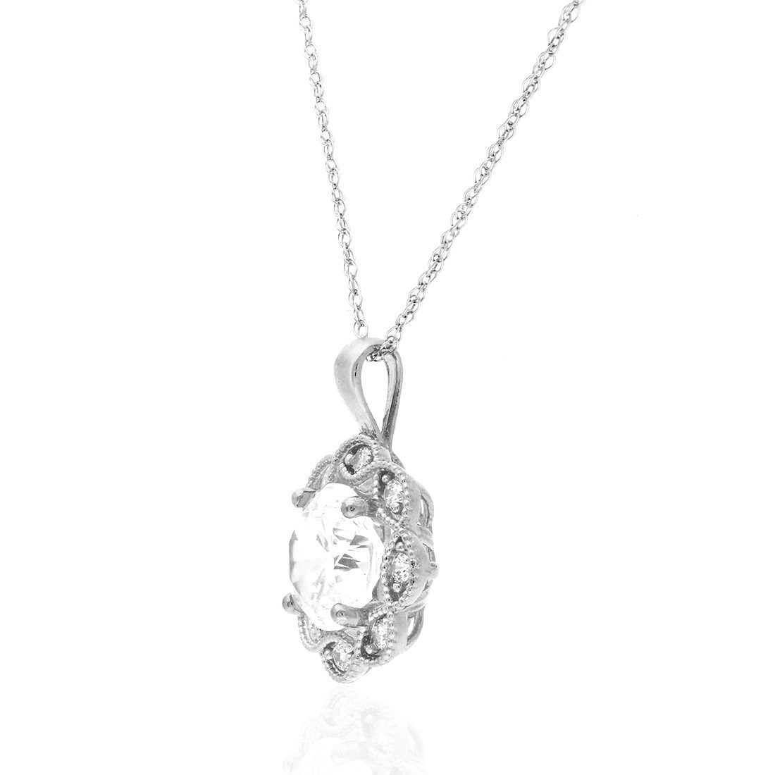 1.75CT CZ 14K Gold Milgrain Flower Halo Pendant Necklace 18"