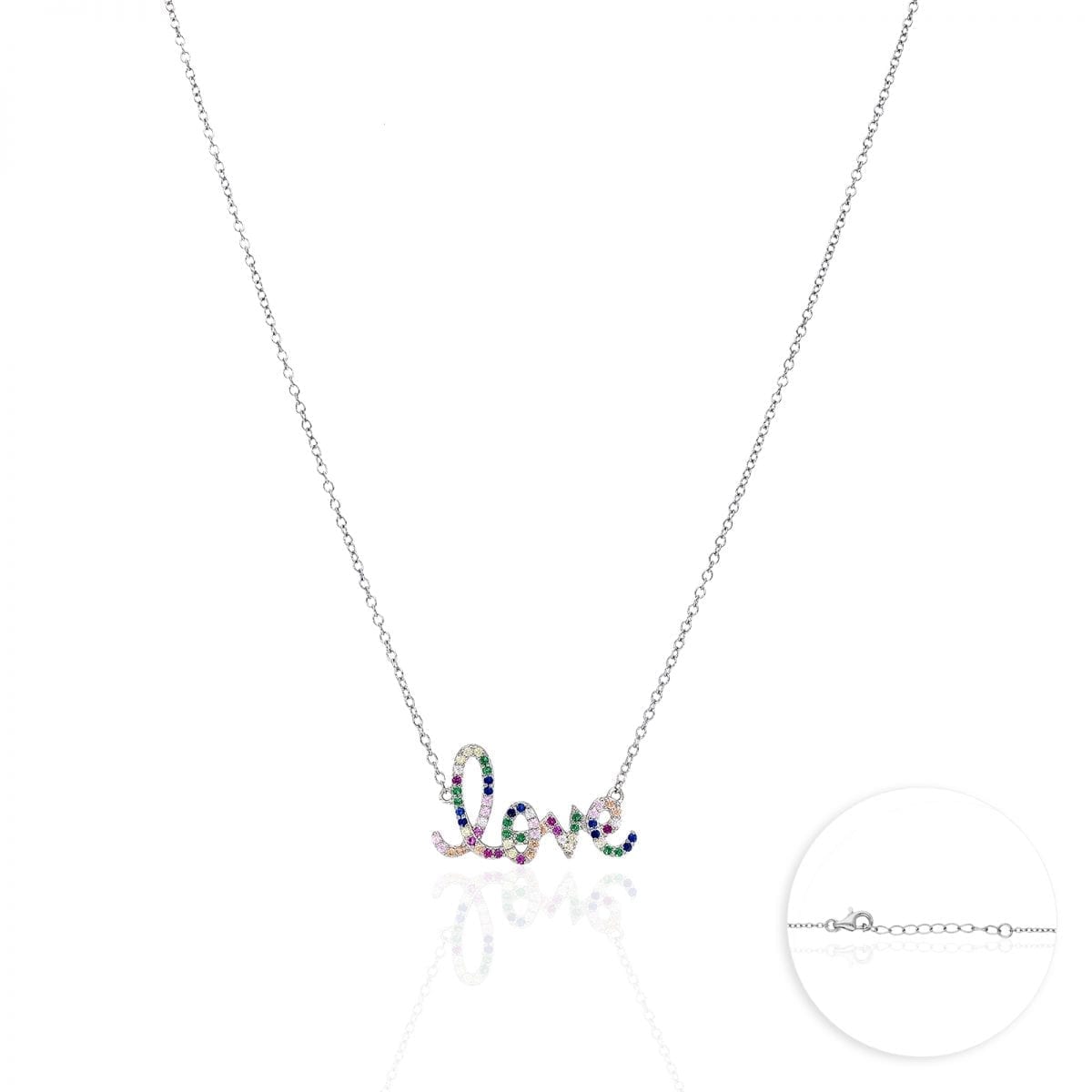 925 Sterling Silver Gold Plated 1mm Multicolor CZ Love Necklace 16.5-18"