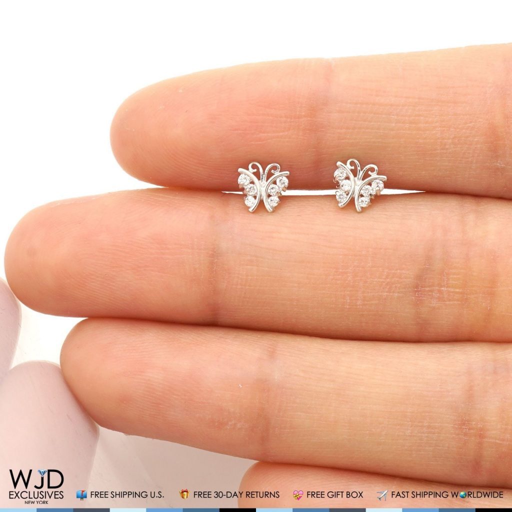 Kids 14K Real Gold White CZ Butterfly Screw Back Stud Earrings