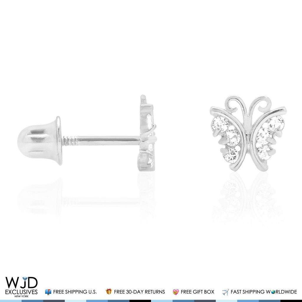 Kids 14K Real Gold White CZ Butterfly Screw Back Stud Earrings