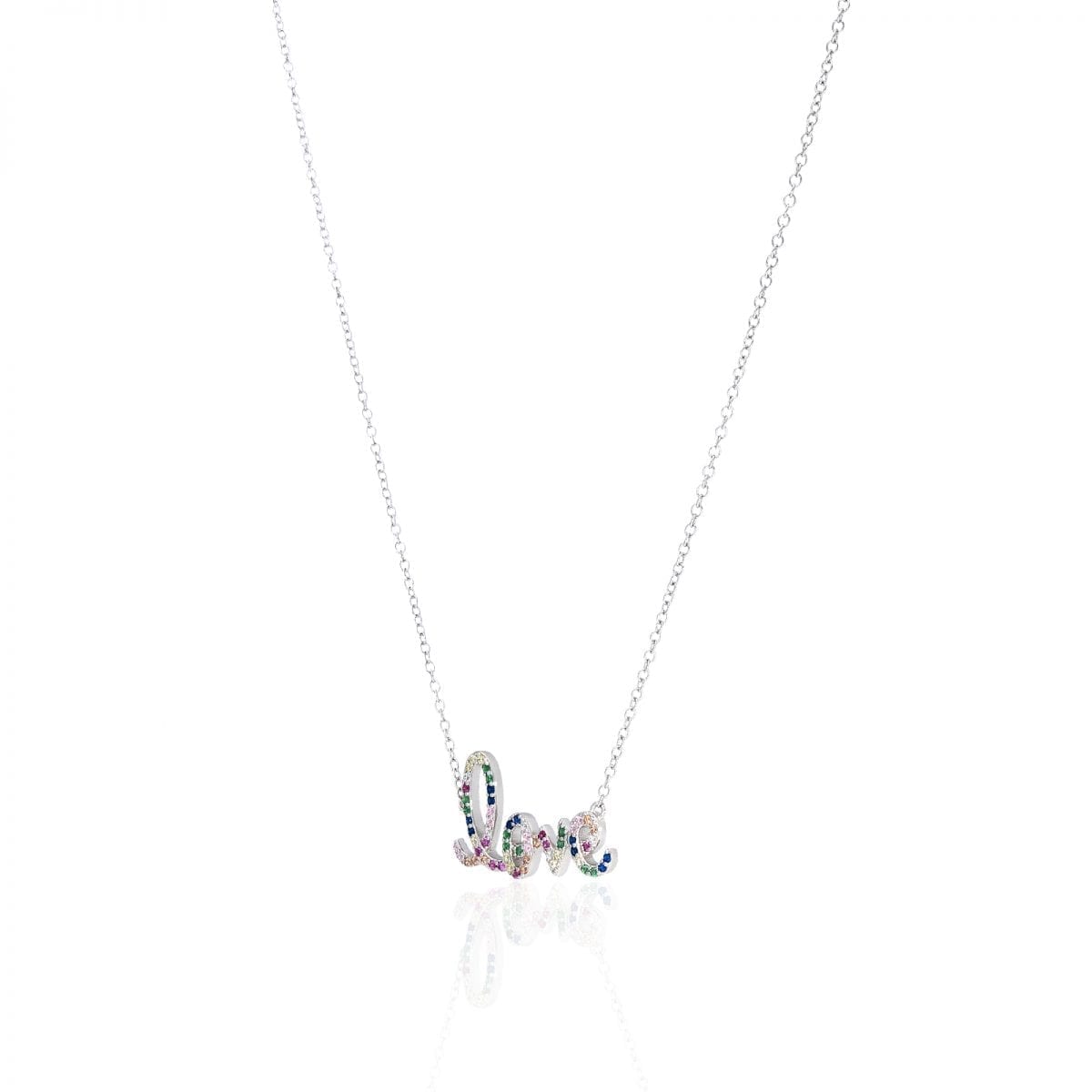 925 Sterling Silver Gold Plated 1mm Multicolor CZ Love Necklace 16.5-18"