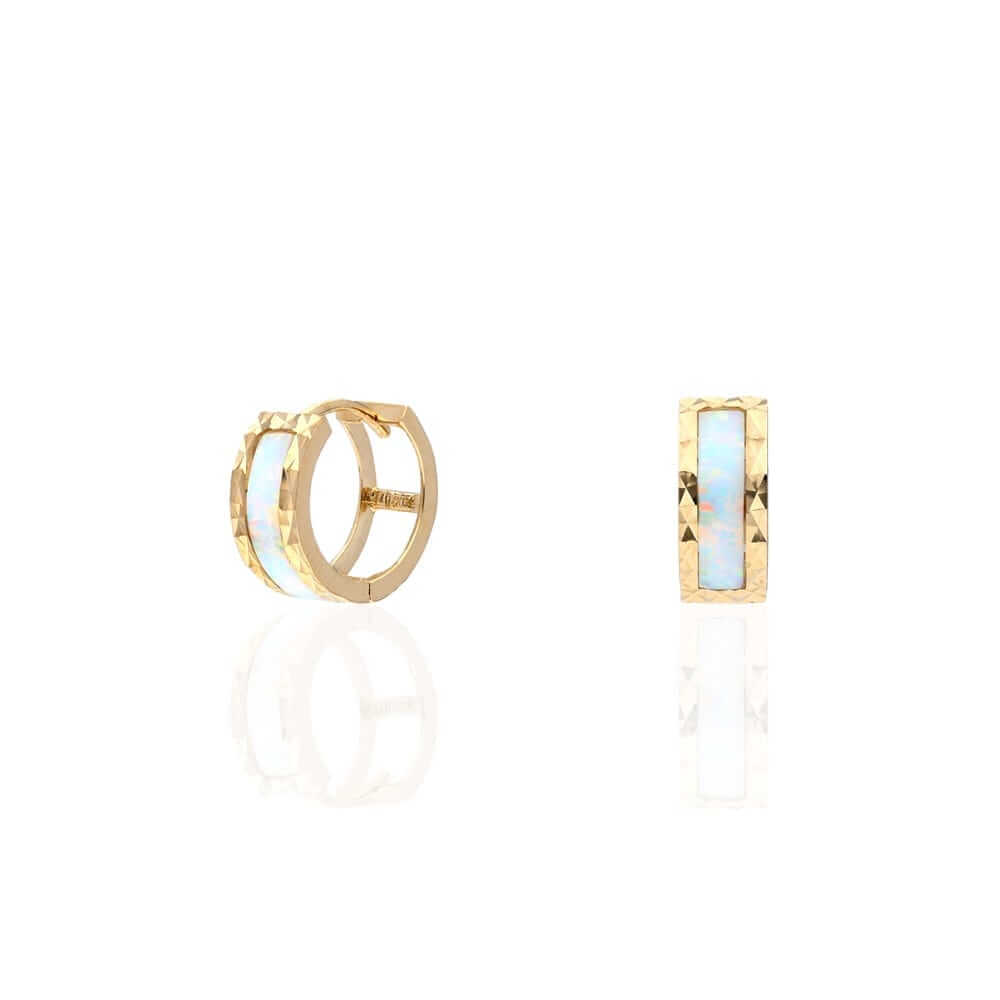14k Yellow Gold Diamond-Cut Fire Opal Huggie Hoop Earrings 0.5"
