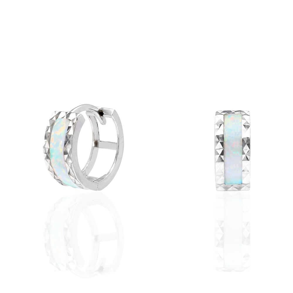 14k White Gold Diamond-Cut Fire Opal Huggie Hoop Earrings 0.5"