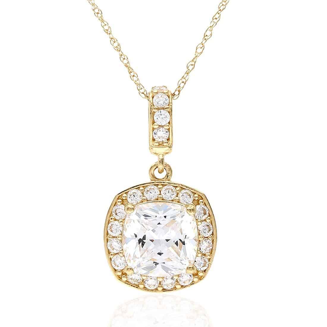 1.25CT Cushion-Cut CZ 14K Gold Square Halo Pendant with 18" Chain