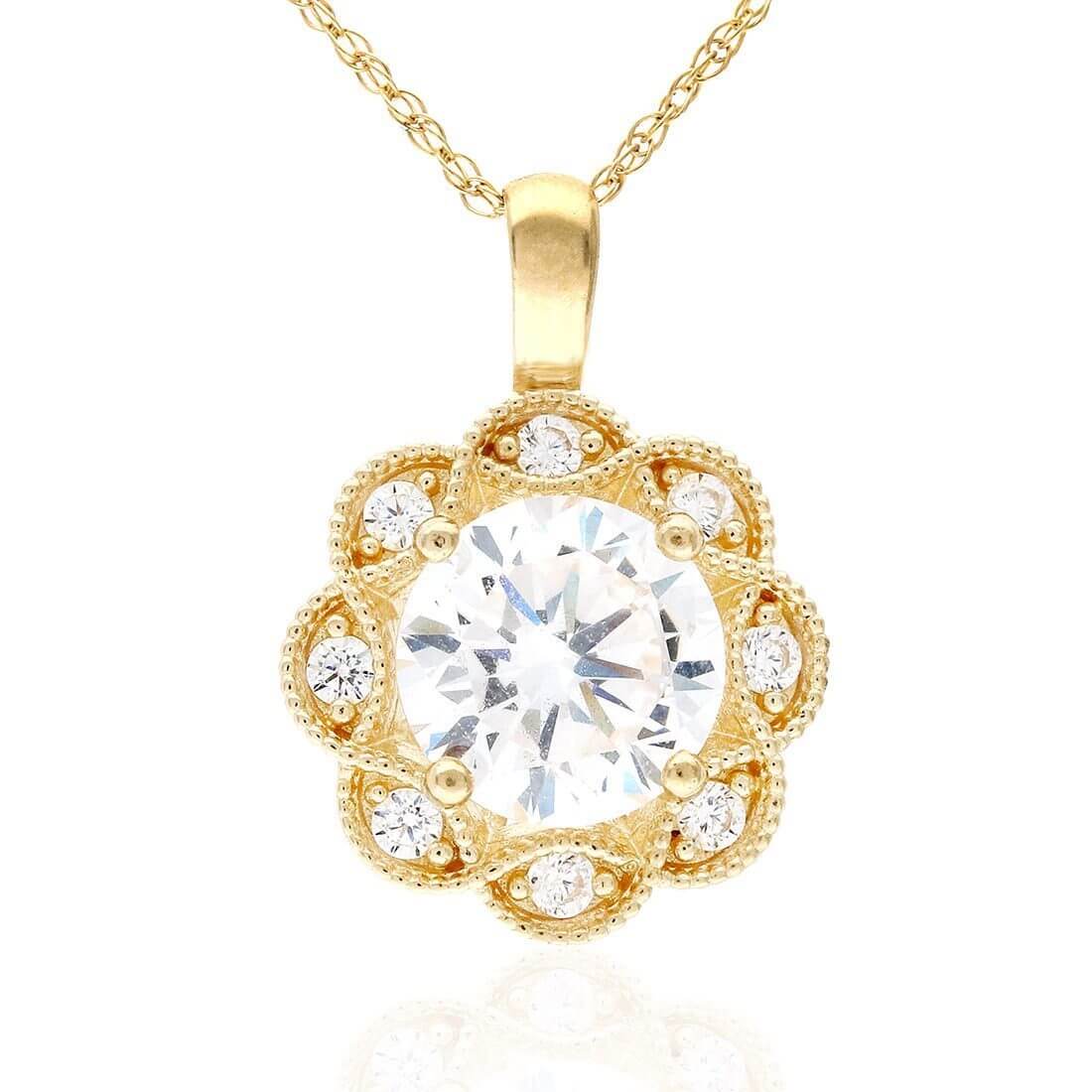 1.75CT CZ 14K Gold Milgrain Flower Halo Pendant with 18" Chain