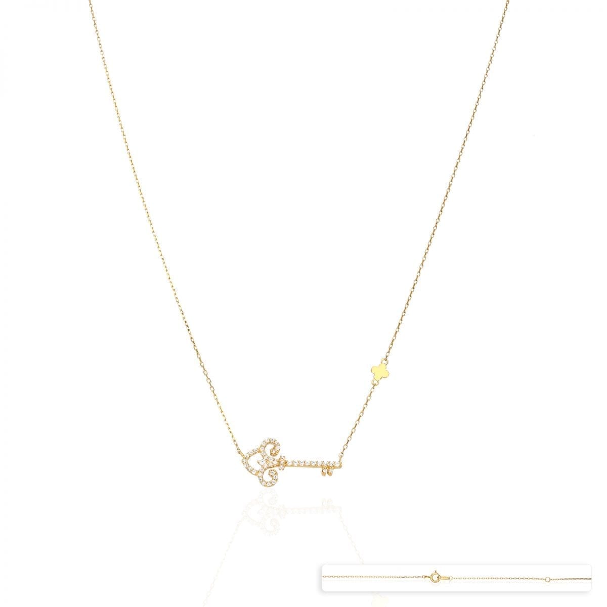 14k Yellow Gold Black Rhodium Over 925 Silver CZ Key Pendant Cable Necklace 18"