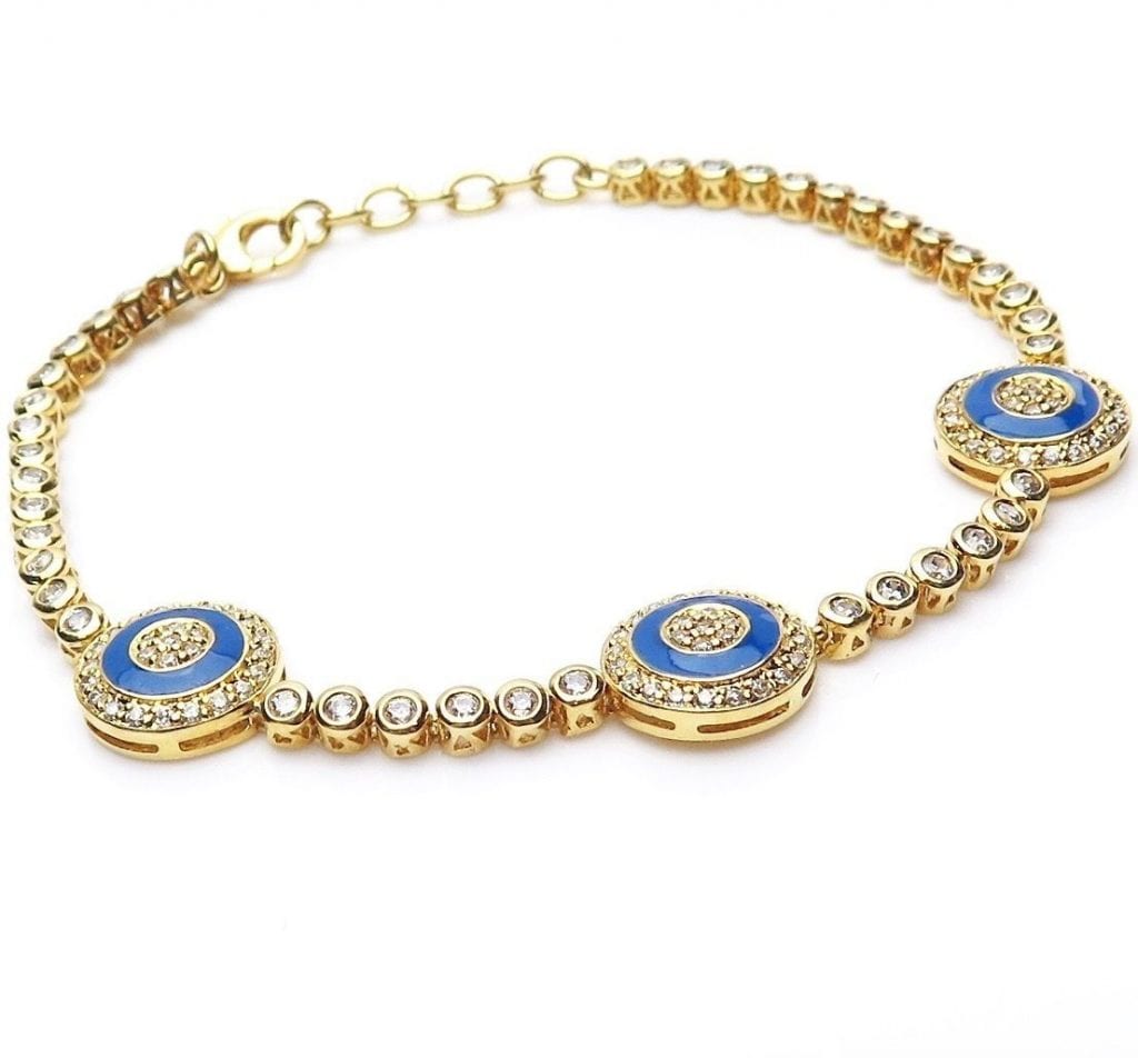 Evil Eye Yellow Gold Over Silver Created Diamond Charm Bracelet 8.75"