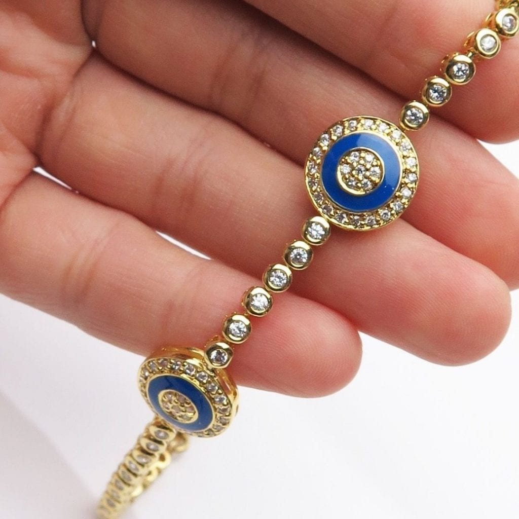 Evil Eye Yellow Gold Over Silver Created Diamond Charm Bracelet 8.75"