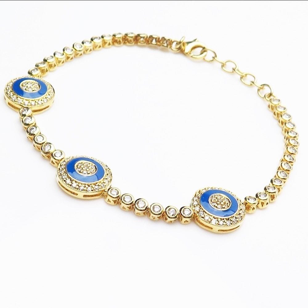 Evil Eye Yellow Gold Over Silver Created Diamond Charm Bracelet 8.75"