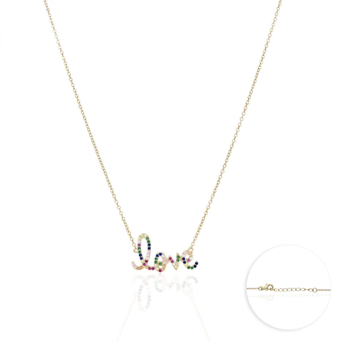 925 Sterling Silver Gold Plated 1mm Multicolor CZ Love Necklace 16.5-18"