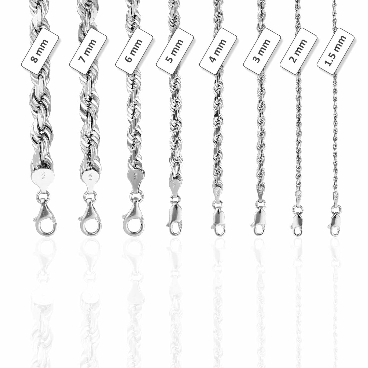 Solid 14K White Gold 6mm Diamond-Cut Rope Chain Necklace 22"-30"