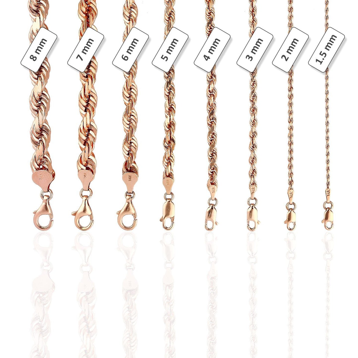 Solid 14K Rose Gold 6mm Diamond Cut Rope Chain Necklace 22" - 30"