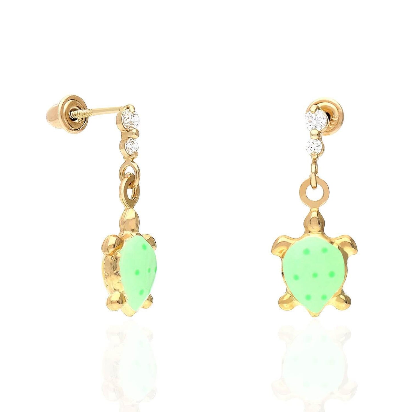 Kids 14K Gold CZ Enamel Turtle Screw Back Stud Earrings