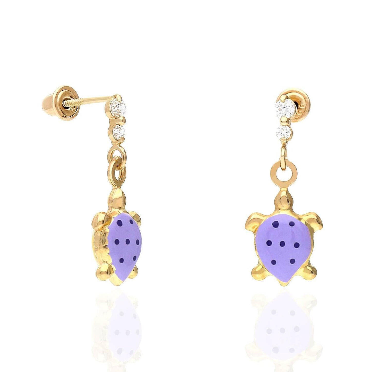 Kids 14K Gold CZ Enamel Turtle Screw Back Stud Earrings
