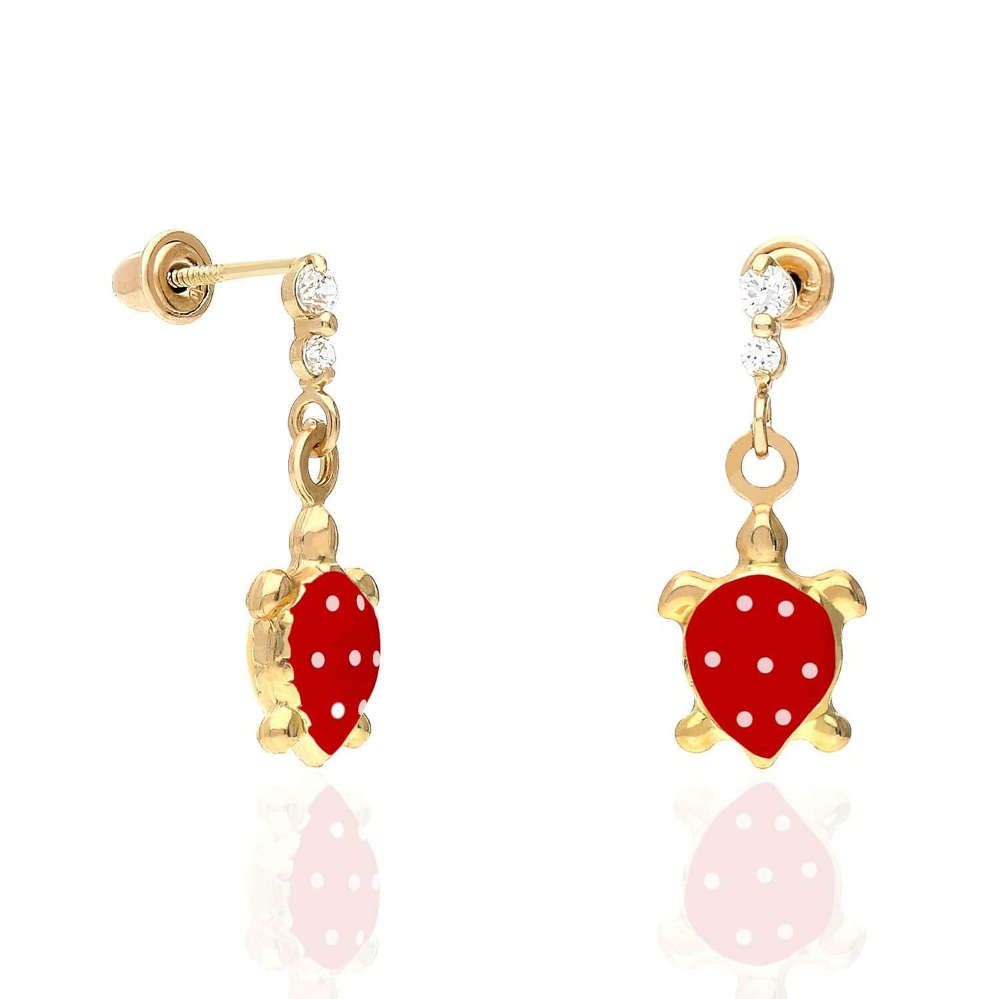Kids 14K Gold CZ Enamel Turtle Screw Back Stud Earrings