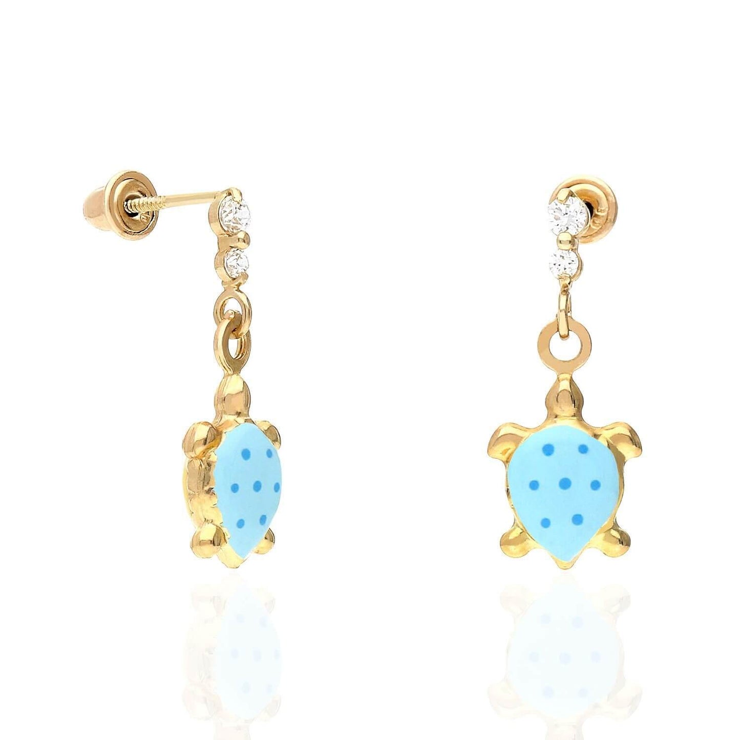 Kids 14K Gold CZ Enamel Turtle Screw Back Stud Earrings