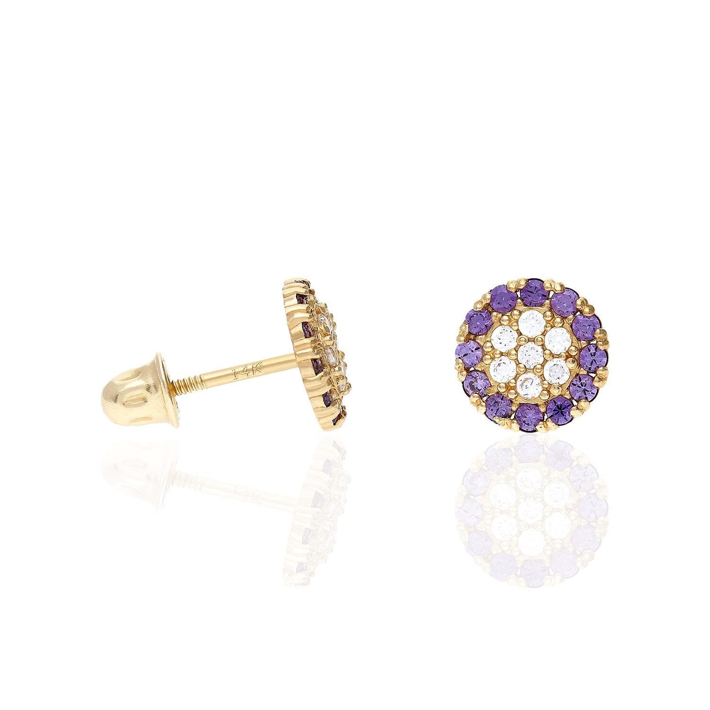 14K Real Gold Halo Round Cluster Screw Back CZ Birthstone Stud Earrings