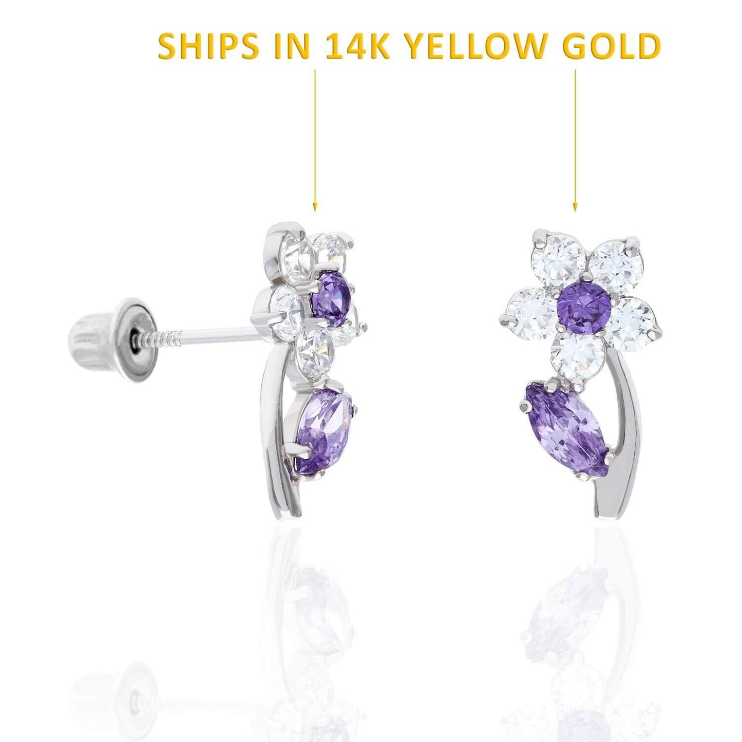 14K Yellow Gold Birthstone Flower Plant Screw Back Stud Earrings