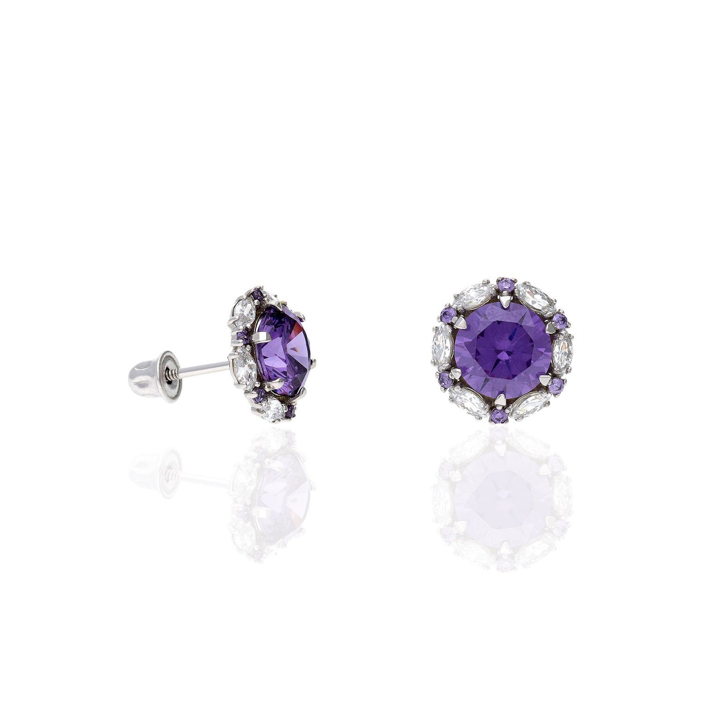 14K Solid White Gold Round And Marquise Gem Birthstone Halo Stud Earrings