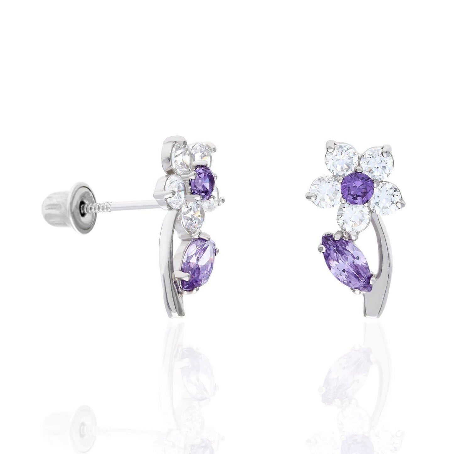 14K White Gold Color Birthstone Flower Plant Screw Back Kids Stud Earrings