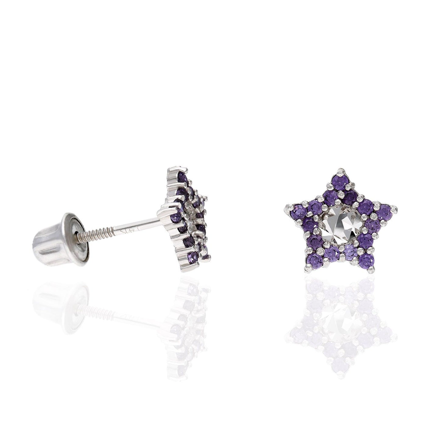 14K White Gold Diamond Cut Color Gemstone Little Star Screw Back Stud Earrings
