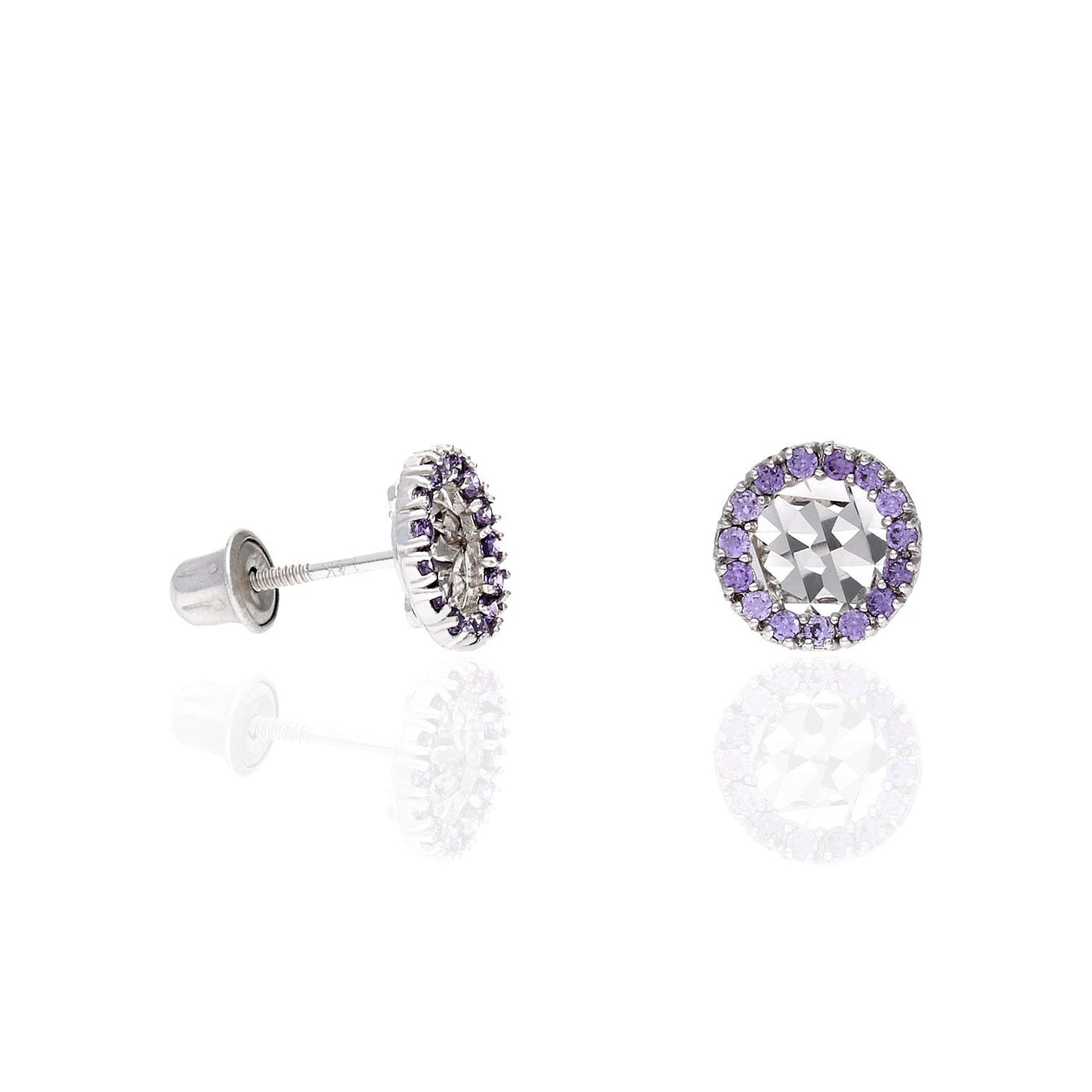 14K White Gold Diamond Cut Gemstone Round Halo 7mm Screw Back Stud Earrings