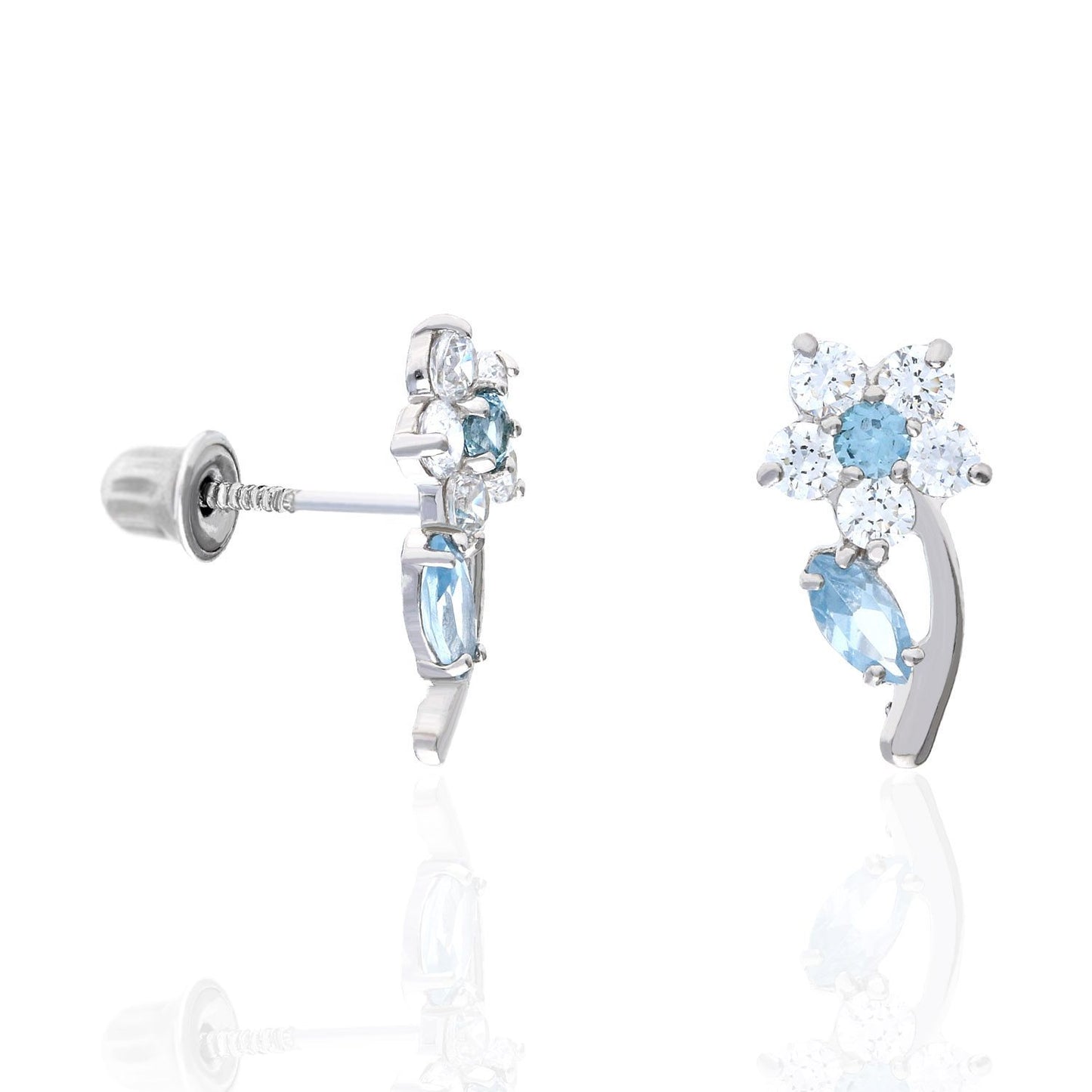 14K White Gold Color Birthstone Flower Plant Screw Back Kids Stud Earrings