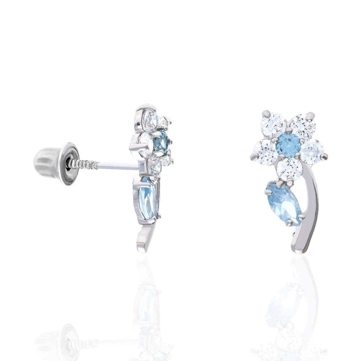 14K White Gold Color Birthstone Flower Plant Screw Back Kids Stud Earrings