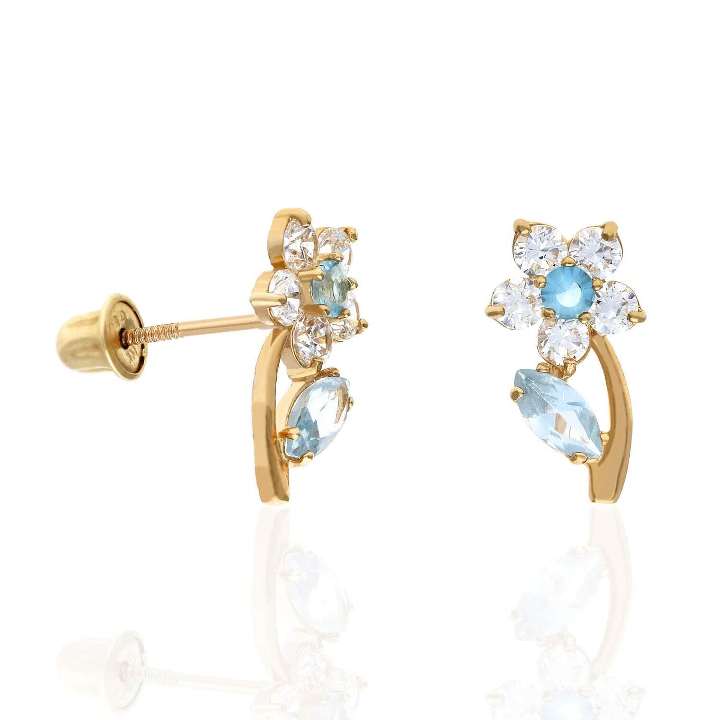 14K Yellow Gold Birthstone Flower Plant Screw Back Stud Earrings