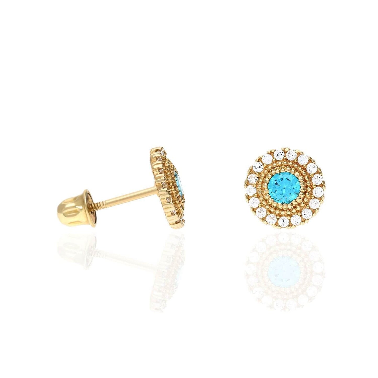 14K Yellow Gold Color Gemstone Round Halo Fancy Birthstone Screw Stud Earrings