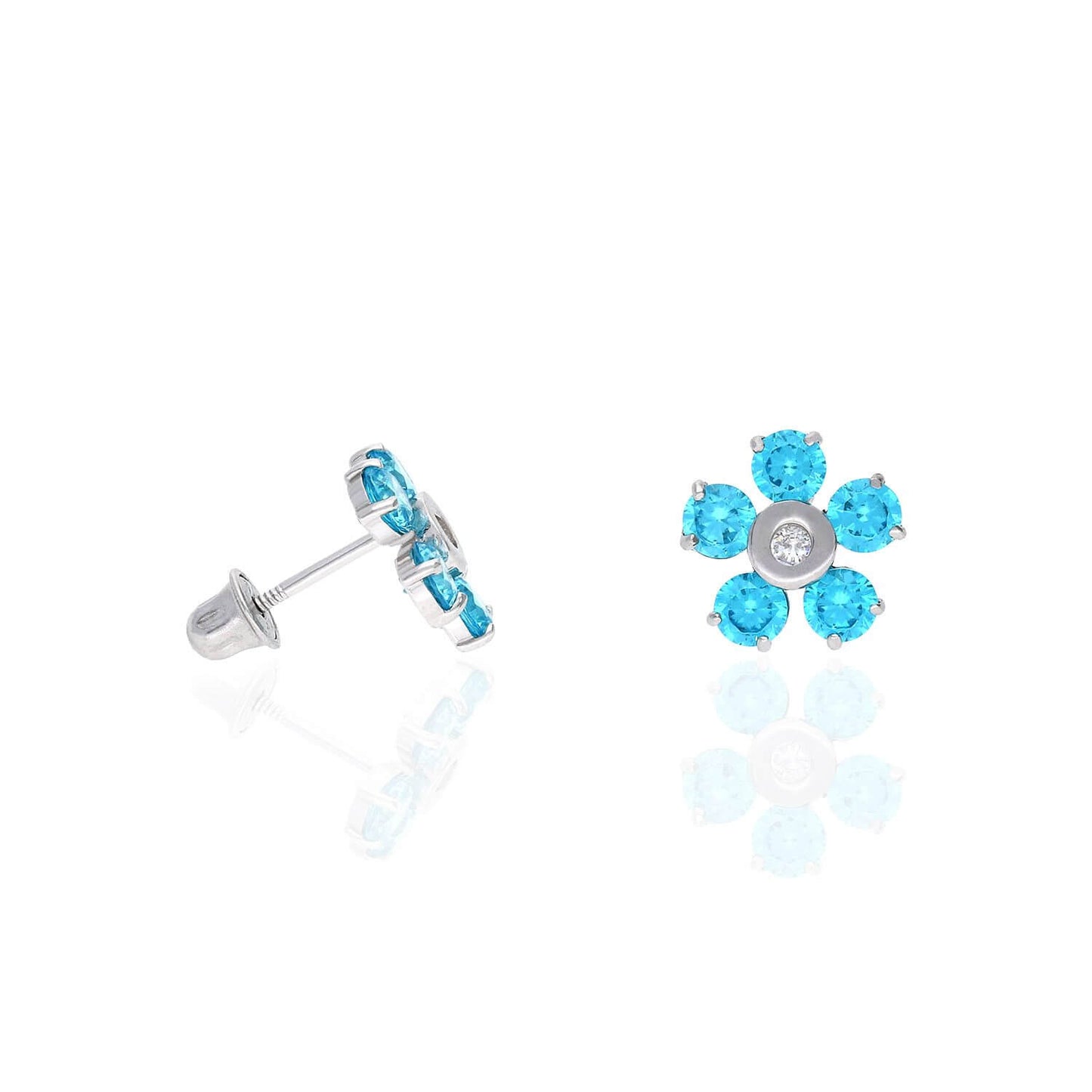 14K White Gold Color Gemstone Flower Screw Back Stud Earrings