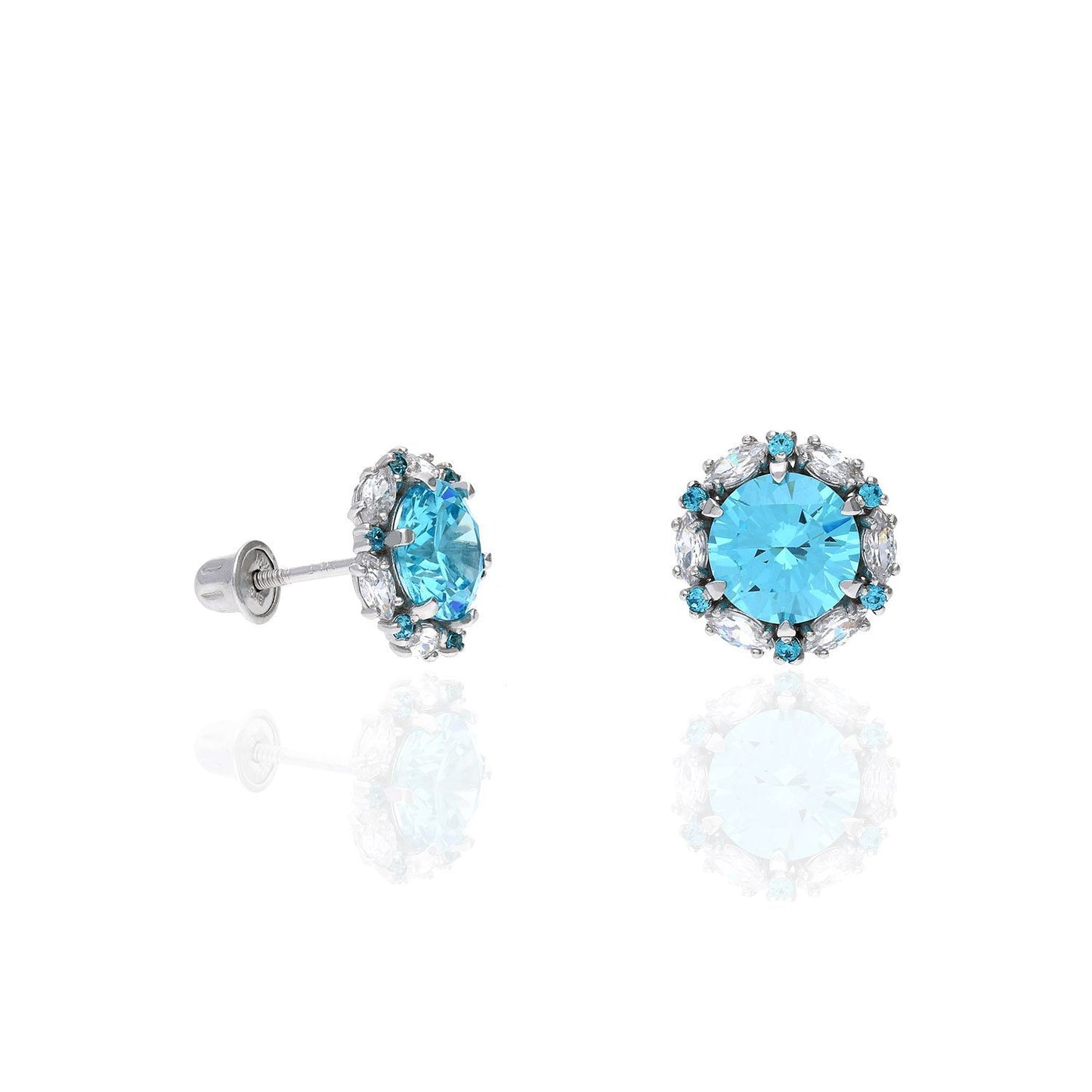 14K Solid White Gold Round And Marquise Gem Birthstone Halo Stud Earrings