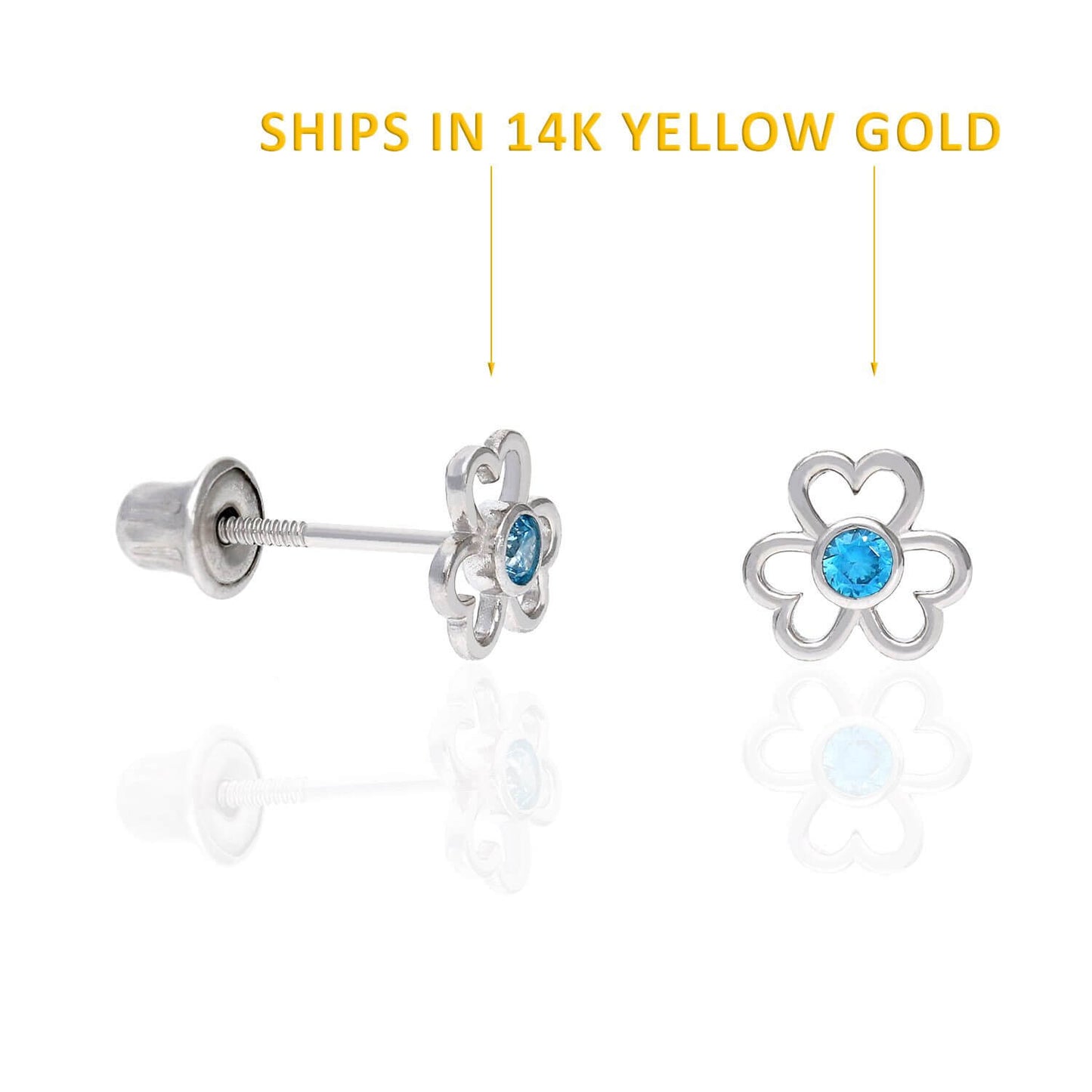 14K Yellow Gold Color Birthstone Open Flower Kids Screw Back Stud Earrings