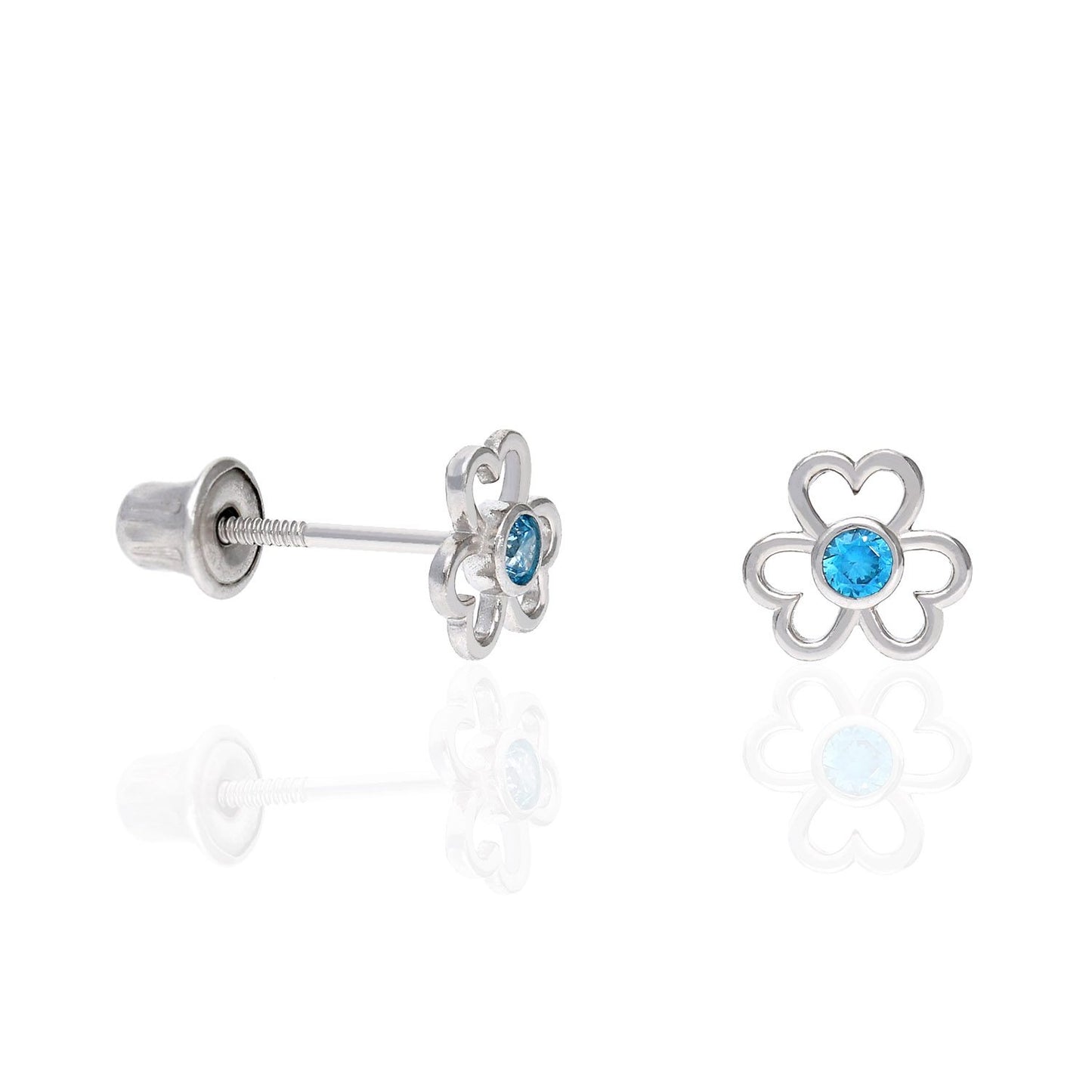 14K White Gold Open Flower Bezel Set Gemstone Kids Screw Back Stud Earrings