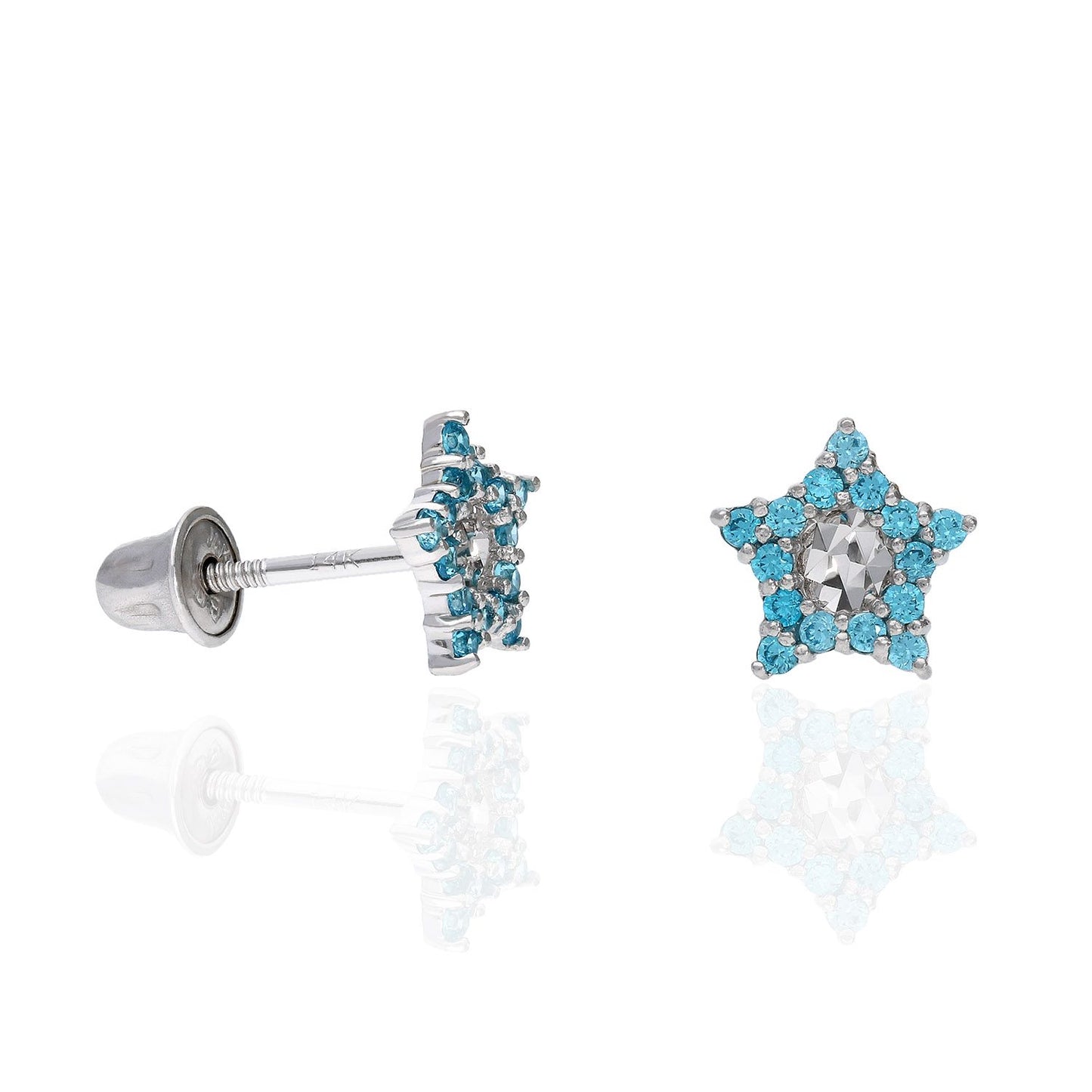 14K White Gold Diamond Cut Color Gemstone Little Star Screw Back Stud Earrings