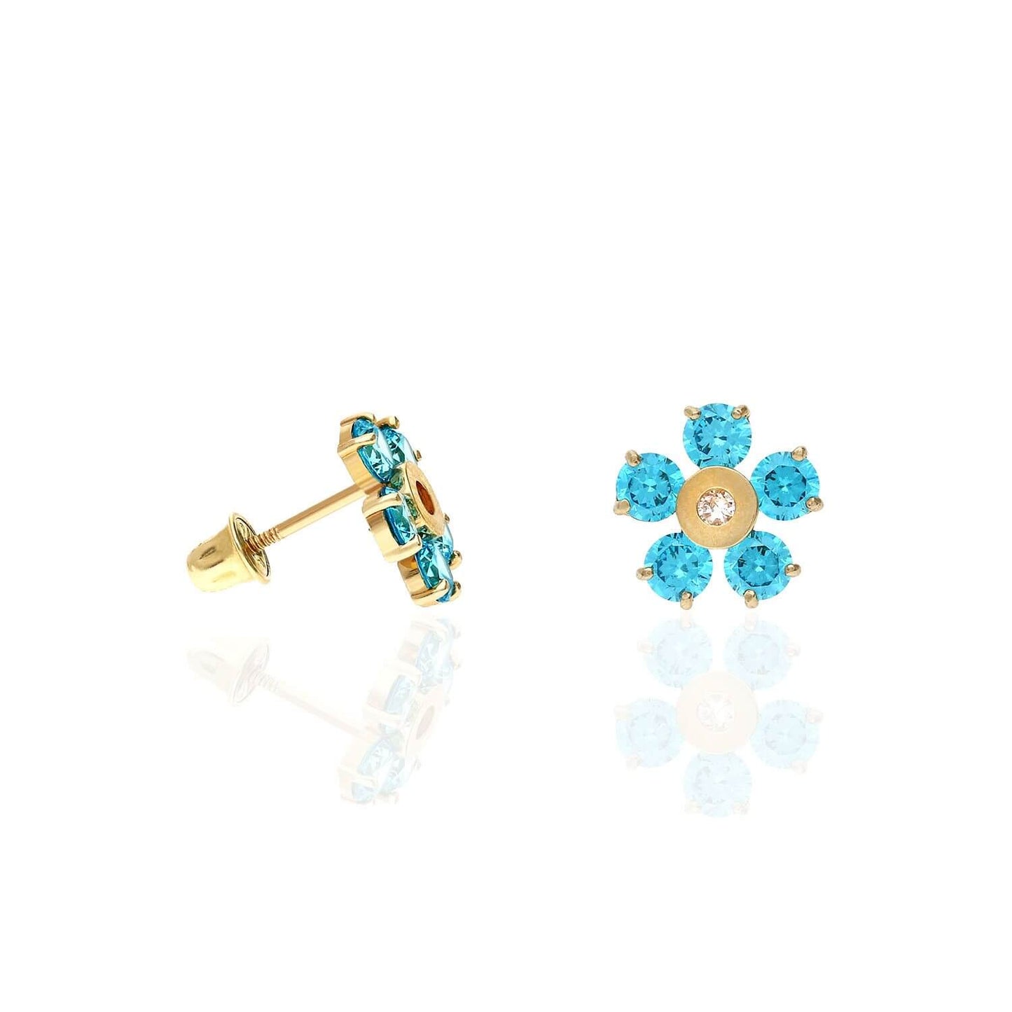 14K Yellow Gold Color Gemstone Flower Screw Back Stud Earrings