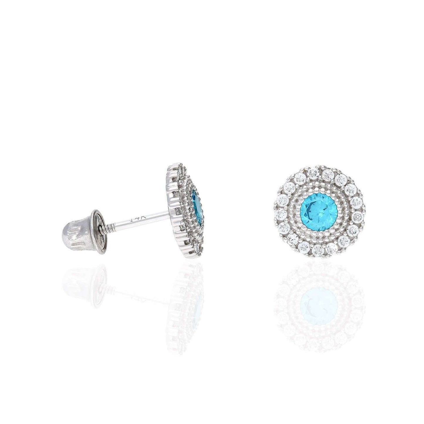 14K White Gold Color Gemstone Round Halo Fancy Birthstone Screw Stud Earrings