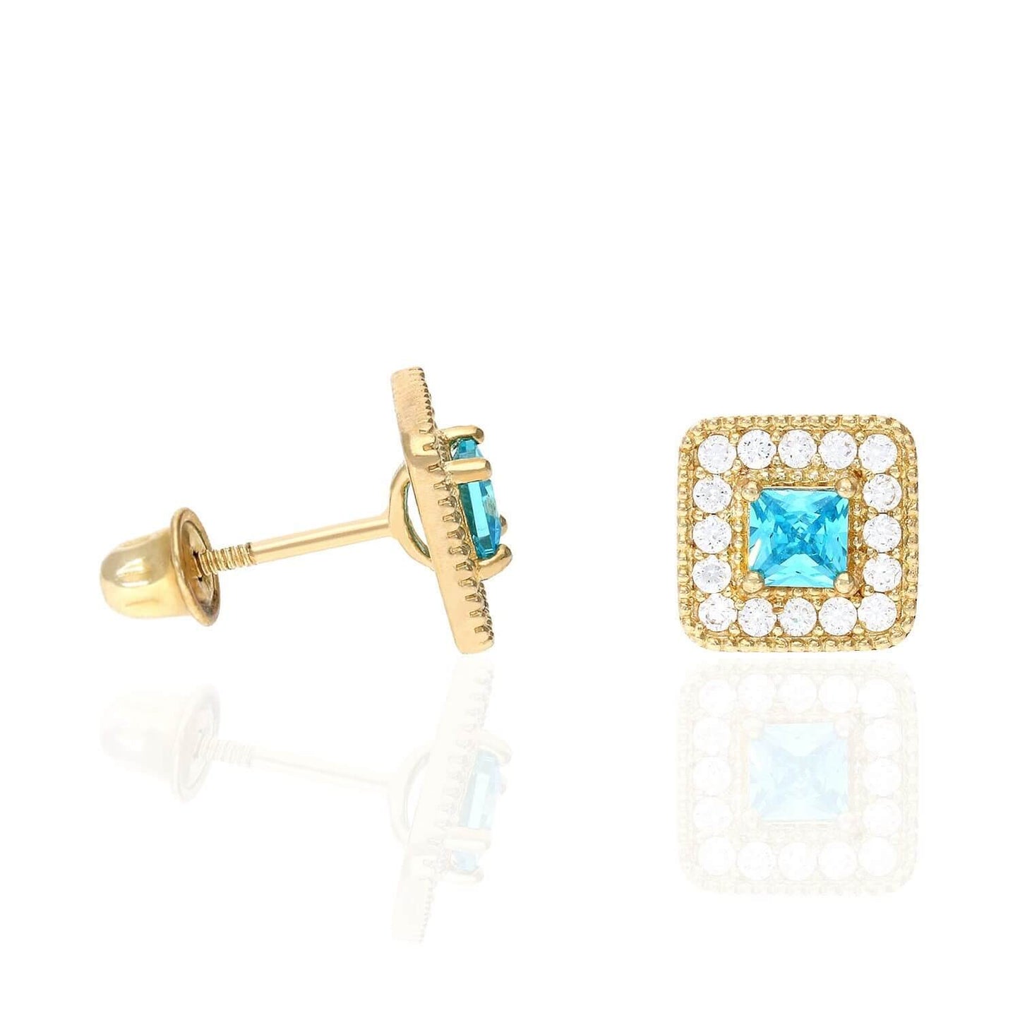 14K Yellow Gold Square Color Gemstone Screw Back Halo Stud Earrings