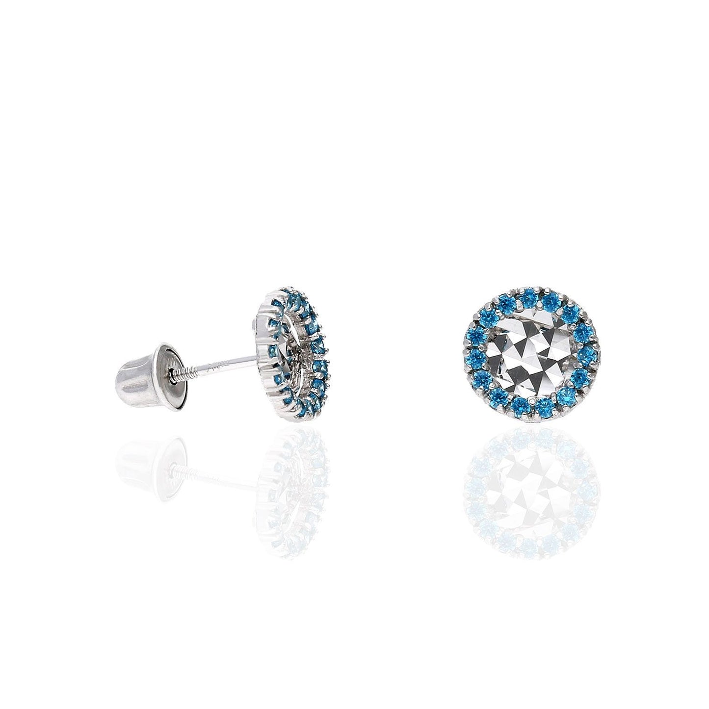 14K White Gold Diamond Cut Gemstone Round Halo 7mm Screw Back Stud Earrings