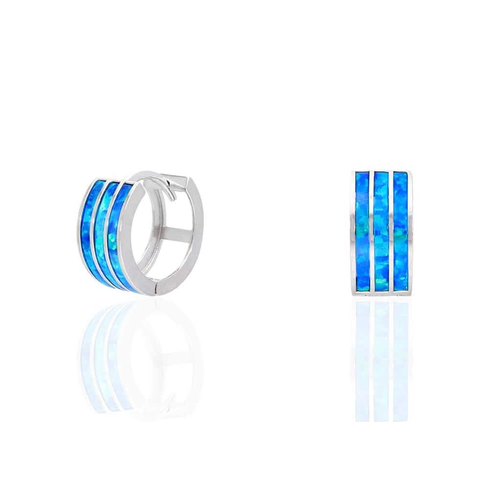 925 Sterling Silver 3-Stripe Fire Opal Huggie Hoop Earrings 0.5"